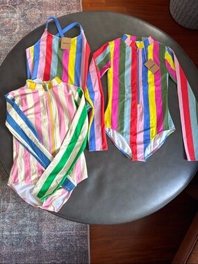 Mini Boden - 2 rash guard  and 1 striped girls swimsuits sz 13-14